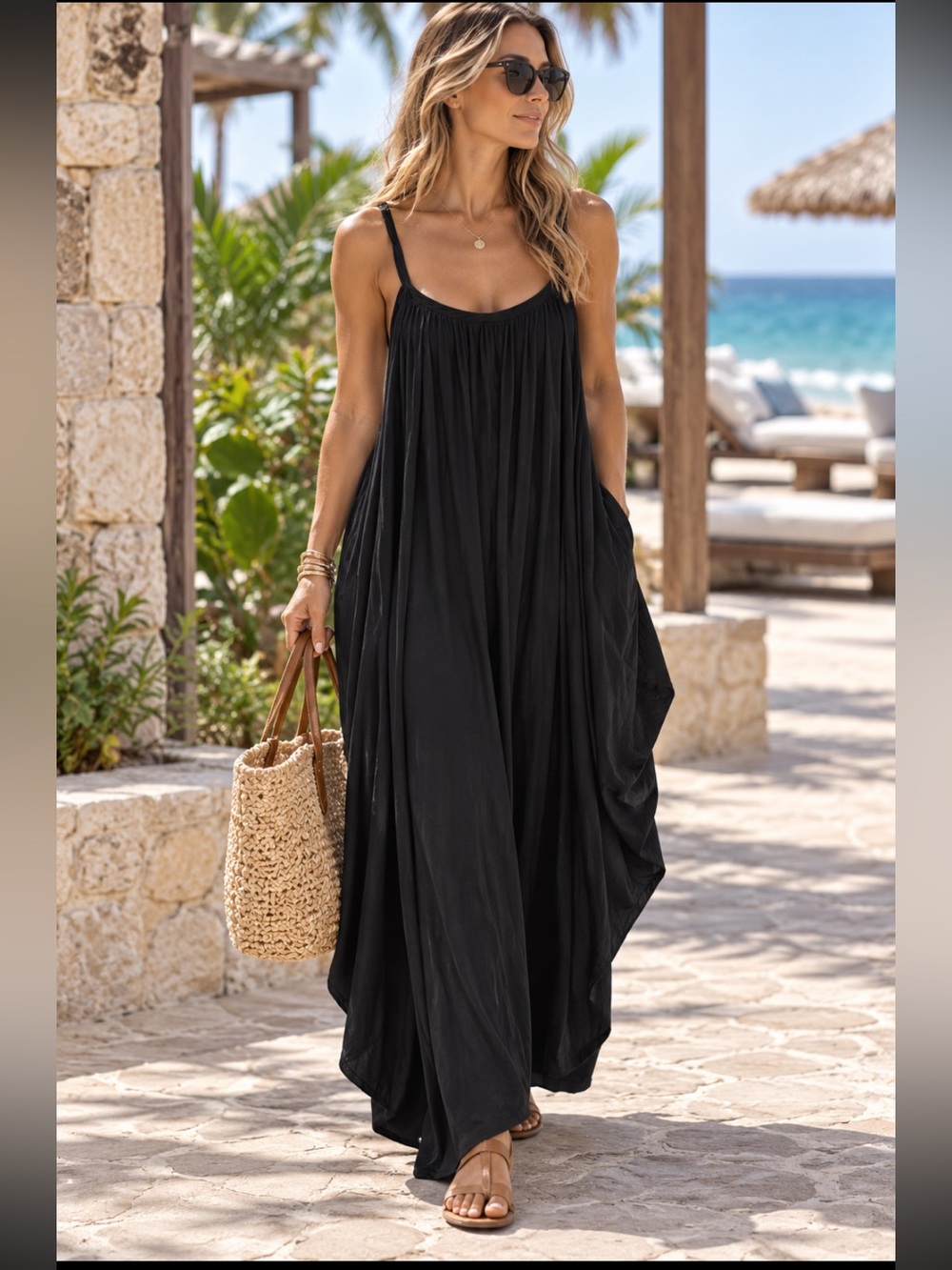 Free People Beach Black Cocoon Oversized Maxi Dress Cotton Sleeveless Size S NWT